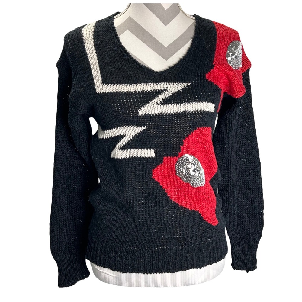 Vintage 80s David Brett Black Red Sequin Chunky Knit Retro V Neck Linen Sweater